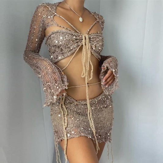 Knitted Sequin Crop Top and Skirt Matching Set - Seldom Seen Styles