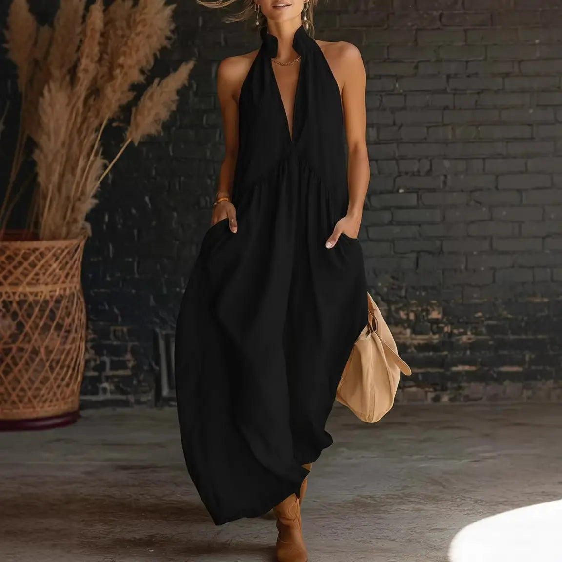 2026 Minimalist Halter Neck Maxi Dress |   Casual Loose Fit Pocket Dress |   Effortless Summer Outfit for Women # MaxiDress # HalterNeckDress # BohoFashion # SummerDress # CasualDress # WithPockets # DressesForWomen # Outfit of the Day - Seldom Seen Styles
