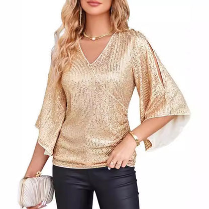 Womens Sequin Tops 3/4 Sleeve Glitter Sparkly Party Blouse V-Neck Dressy Tops for Evening Party