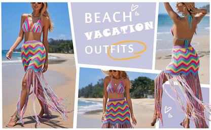 Women Sexy Beach Coverups Summer 2 Piece Outfits Crochet Mesh Fishnet Bikini Top and Maxi Skirt Set - Seldom Seen Styles