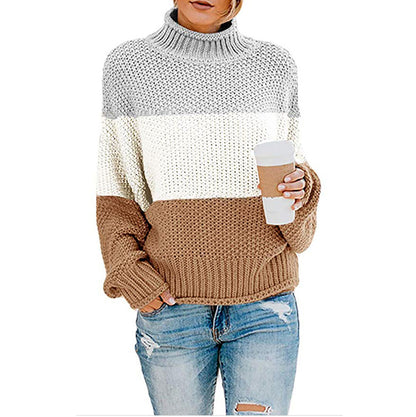 2024Cross-Border wish New Autumn and Winter Sweaters Knitwear Foreign Trade Women's Clothing Amazon Thick Thread Color Matching Turtleneck Pullover