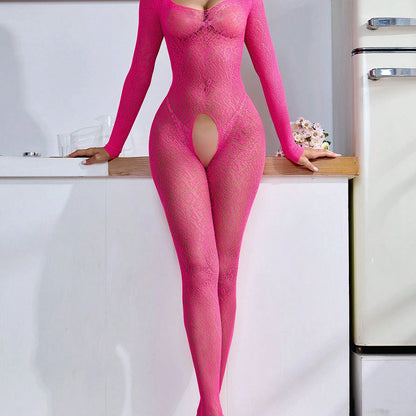 Lingerie sexy à manches longues, bas résille, ouvert à l'entrejambe, transparent, SH050