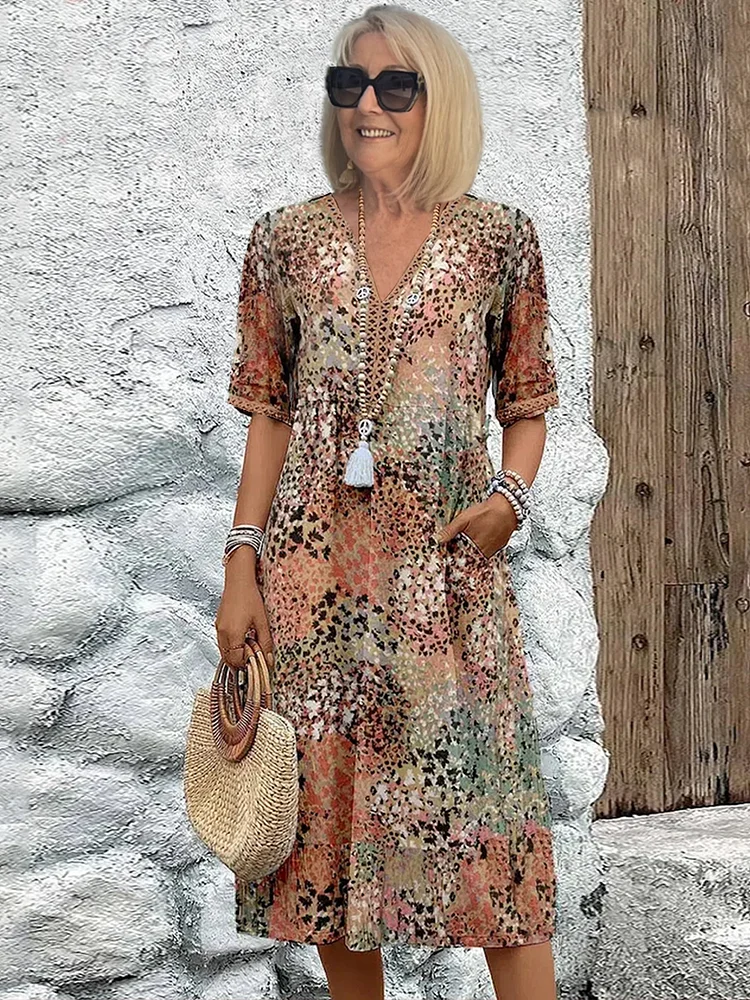 Women's Dress | Printed V Neck Short Sleeve Midi - Seldom Seen Styles