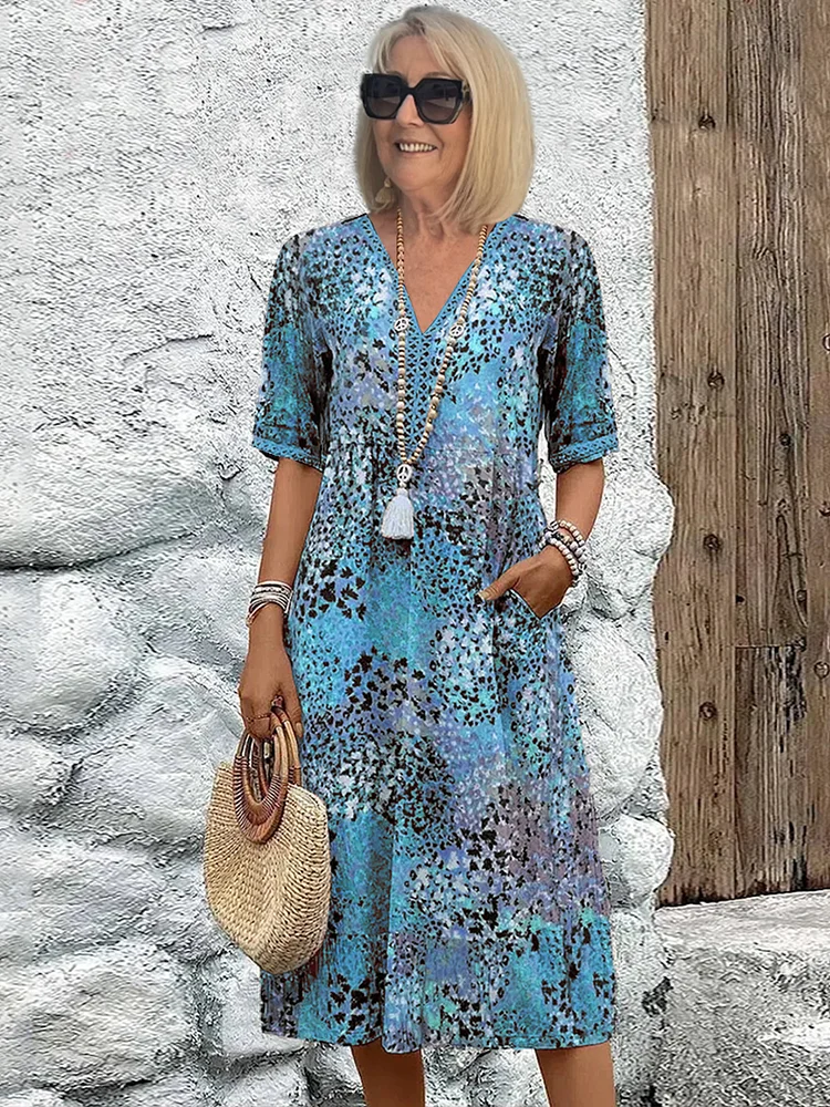Women's Dress | Printed V Neck Short Sleeve Midi - Seldom Seen Styles