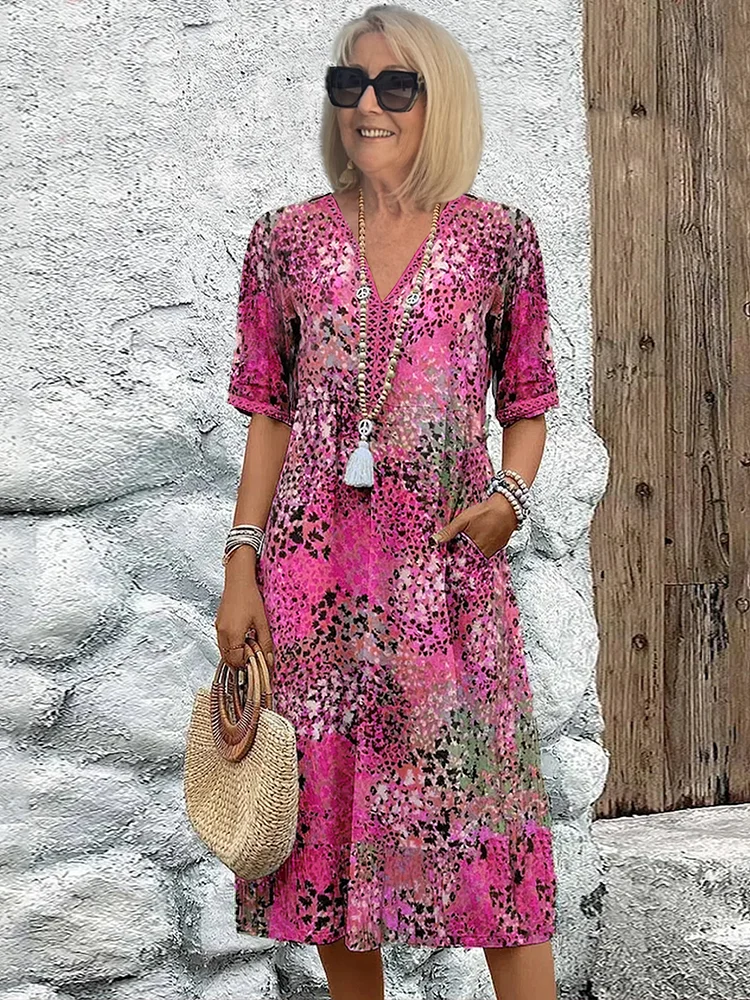 Women's Dress | Printed V Neck Short Sleeve Midi - Seldom Seen Styles