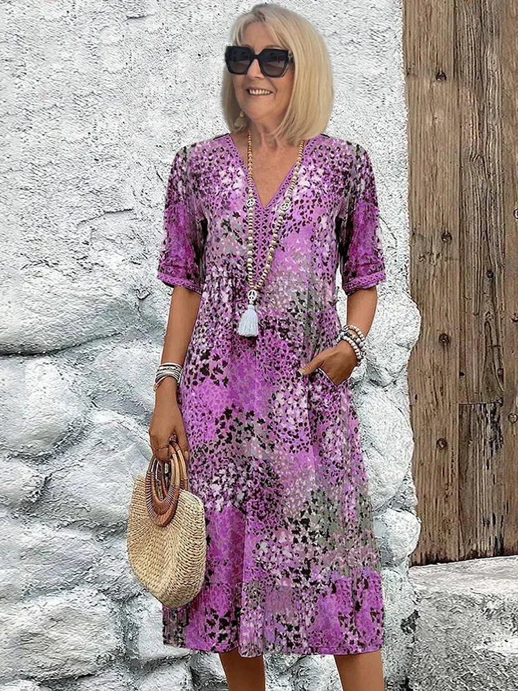 Women's Dress | Printed V Neck Short Sleeve Midi - Seldom Seen Styles