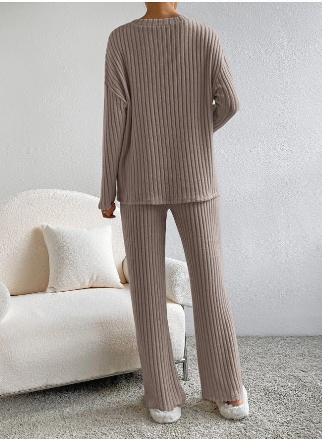 V Collar  Stripe Knitted Suit Two-Piece Set for Women2024Autumn New Fashion Casual Straight-Leg Pants Loose Temperament