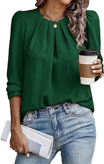 Womens Tops Dressy Casual Pleated Crew Neck Long Sleeve Shirts Office Work Chiffon Blouses