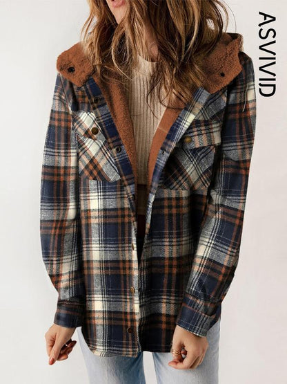 Women's Plaid / Houndstooth Print Button Front Hooded Coat, Casual Long Sleeve Pocket Coat for Fall & Winter, Ladies Outerwear for Daily Wear