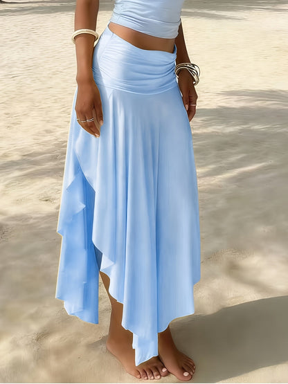Women's Ruched Waist Asymmetric Ruffle Hem Maxi Skirt