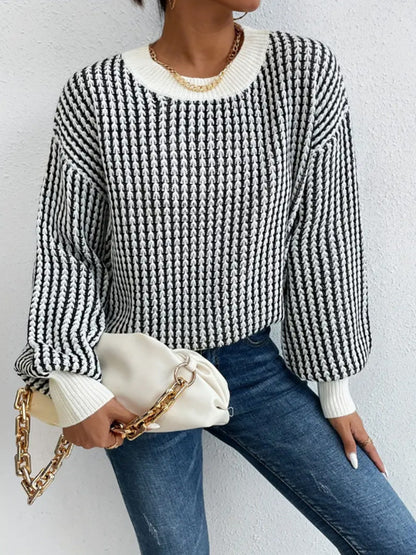 spring  autumn thread pullover round neck sweater  women's  Vertical stripe  casual knitted shirt