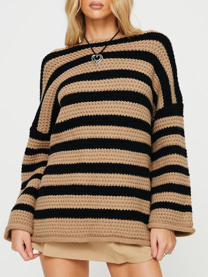 Europe and America Cross Border Amazon Autumn Winter Coat Loose off Shoulder Striped Long-Sleeved Knitted Pullover Casual Sweater for Women