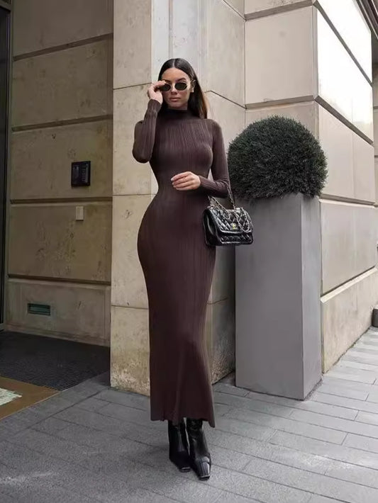 Autumn  Winter Long Sleeve Knitted  New Style Sweater Dress Striped Mid-Length Turtleneck Tight Sexy Dress