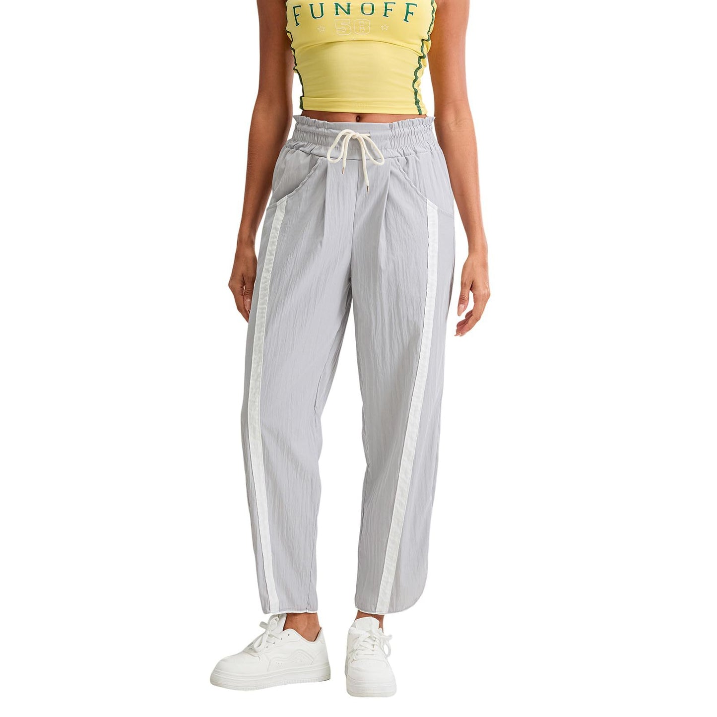 Women's Baggy Wide Leg Pants Casual Drawstring Elastic Waisted Contrast Color Workout Y2K Track Pants - Seldom Seen Styles