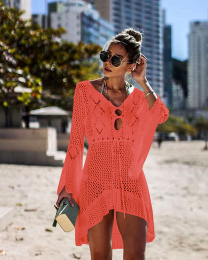 Hollow-out Sun Protection Shirt Bell Sleeve Beach Cover-up Bikini Cover  Hot Knitwear Swimsuit