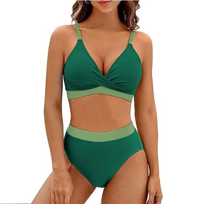 Women's High Waisted Bikini Sets V Neck Two Piece Swimsuit Color Block Twist Front Bathing Suits - Seldom Seen Styles