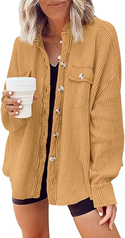 Yanekop Womens Waffle Knit Shacket Oversized Shirt Jacket Button Down Blouse Loose Fit Long Sleeve Tops