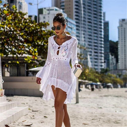 Hollow-out Sun Protection Shirt Bell Sleeve Beach Cover-up Bikini Cover  Hot Knitwear Swimsuit