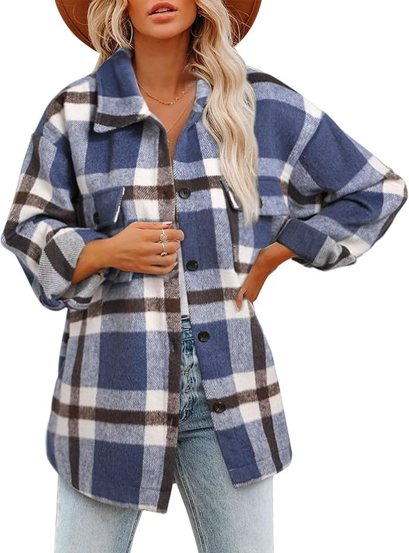 BTFBM Women Long Sleeve Button Down Jackets Plaid Flannel Shirts Tops Casual Lapel V Neck Oversized Shackets Blouses Top