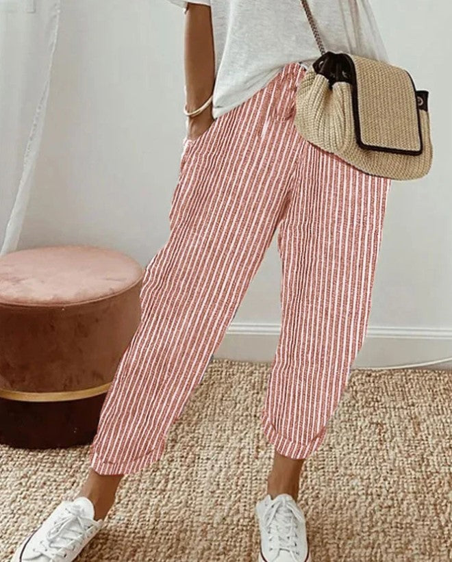 Women's Casual Vertical Striped High Elastic Waist Wide Leg Capri Palazzo Pants with Pockets - Seldom Seen Styles