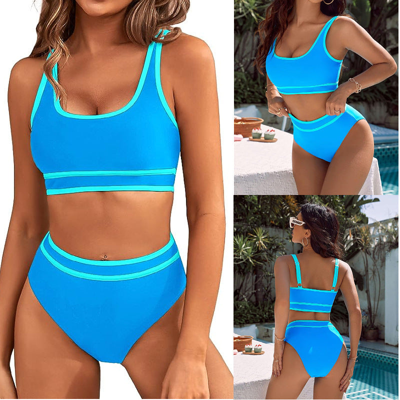 Women's High Waisted Bikini Sets Sporty Two Piece Swimsuits Color Block Cheeky High Cut Bathing Suits - Seldom Seen Styles