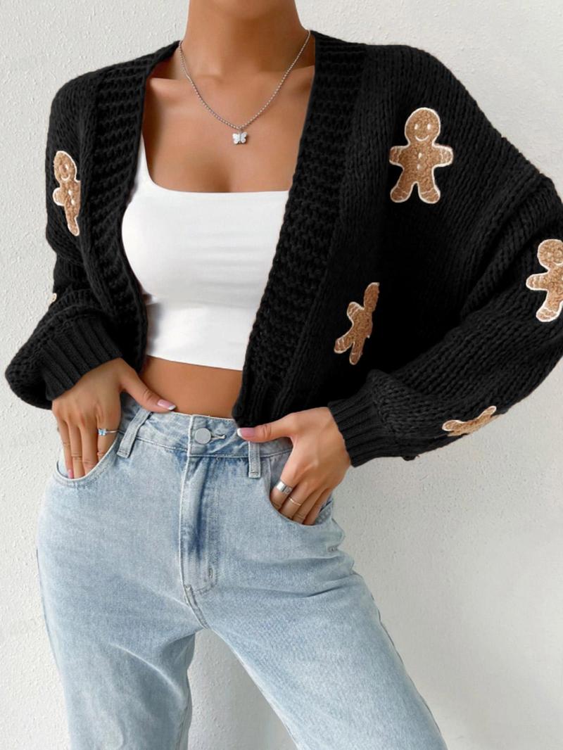 Women's Cartoon Print Drop Shoulder Cardigan, Casual Long Sleeve Open Front Knitwear for Fall, Valentine's Day Gift for Girl, Women's Knit Clothing for Daily Wear