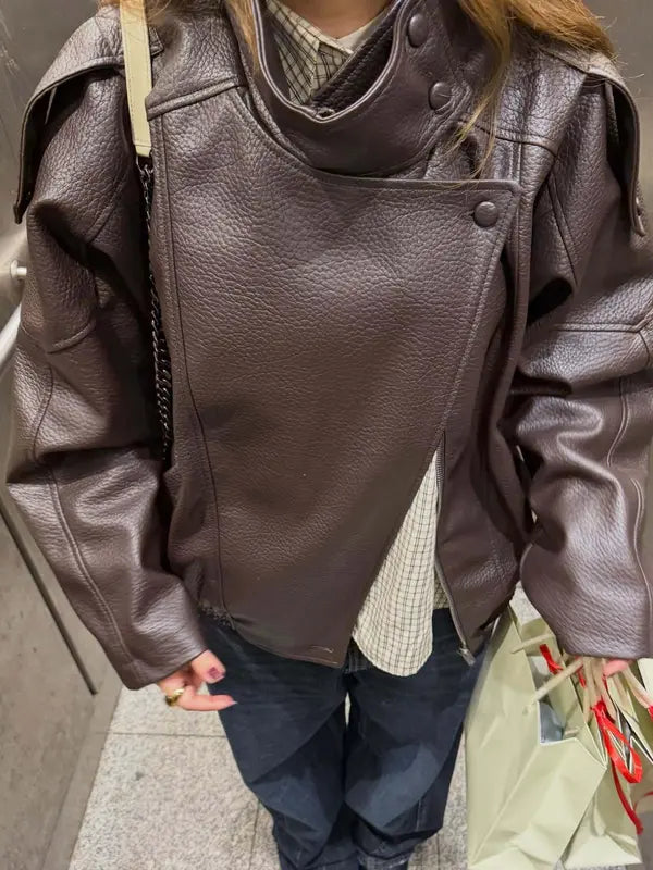 Oversized Asymmetric Faux Leather Jacket - Seldom Seen Styles