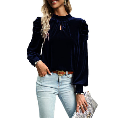 European and American Elegant Solid Color Velvet Chiffon Shirt Women2024Autumn New Fashion Pleating Stand Collar Pullover Women