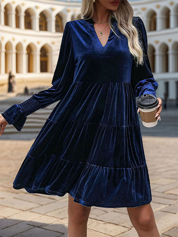 A-Line Long Sleeves Pleated Solid Color Velvet V-Neck Mini Dresses - Seldom Seen Styles