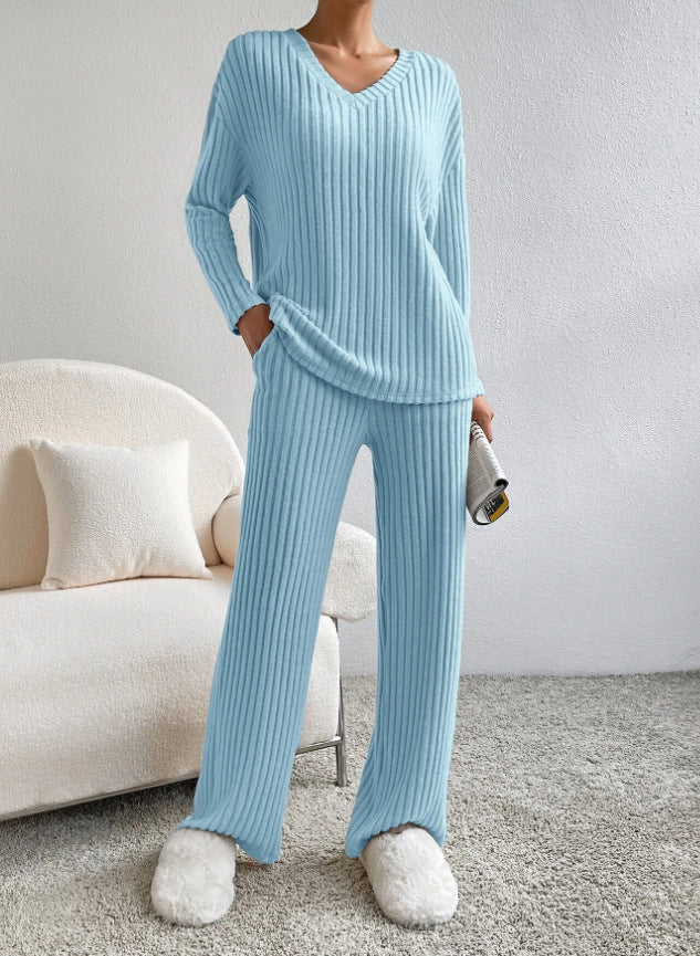 V Collar  Stripe Knitted Suit Two-Piece Set for Women2024Autumn New Fashion Casual Straight-Leg Pants Loose Temperament