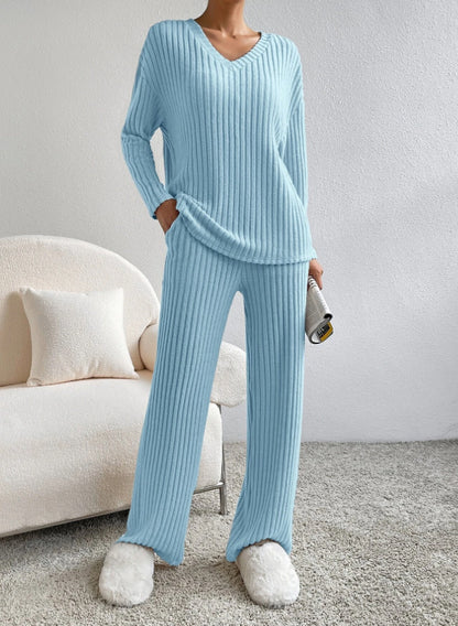 V Collar  Stripe Knitted Suit Two-Piece Set for Women2024Autumn New Fashion Casual Straight-Leg Pants Loose Temperament