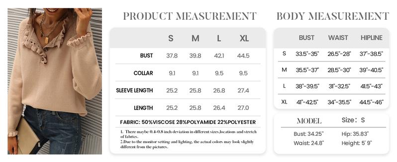 Women's Knit Pullover Sweater Tops - Casual Long Sleeve Button Down Crew Neck Ruffle Solid Color Striped - Knitwear, Womenswear - Seldom Seen Styles