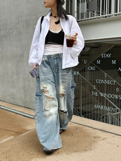 Women's Distressed Ripped Wide Leg Jeans High Waist Baggy Denim Pants Streetwear Y2K Casual Summer Outfit