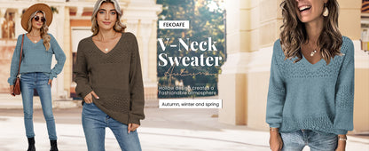 Womens Sweaters 2025 Fall V Neck Long Sleeve Hollow Knit Pullover Sweaters for Women
