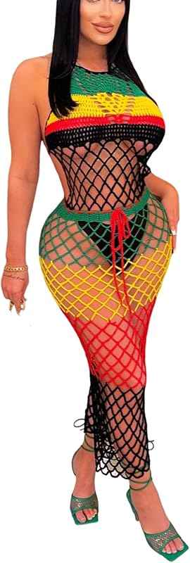 Women Sexy Beach Coverups Summer 2 Piece Outfits Crochet Mesh Fishnet Bikini Top and Maxi Skirt Set - Seldom Seen Styles