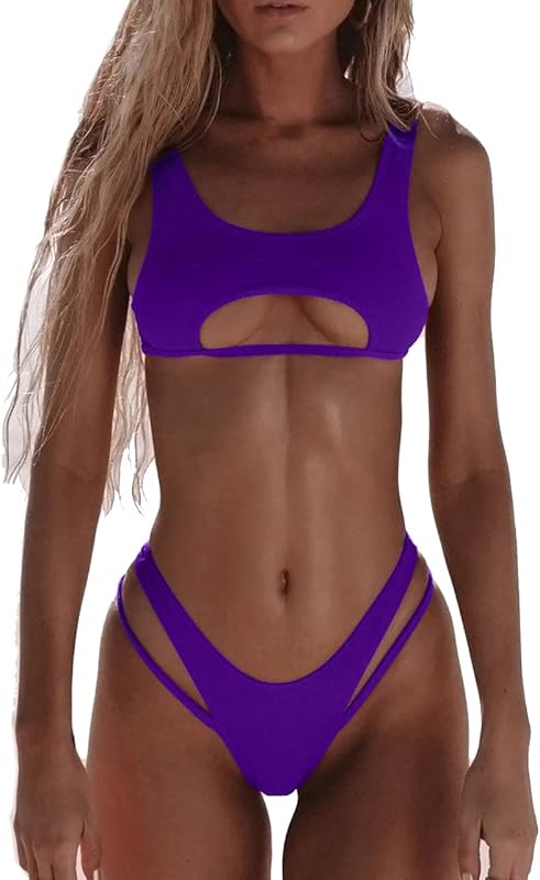 Women's Sexy Scoop Neck Padded Cutout Strappy Thong Bikini Set Swimsuit - Seldom Seen Styles