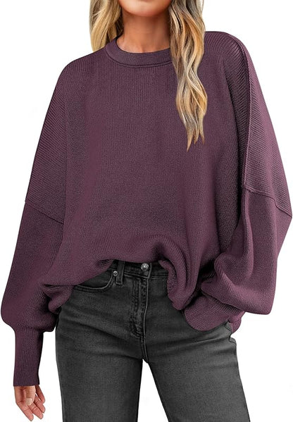 ANRABESS Women Crewneck Batwing Long Sleeve 2024 Fall Oversized Side Slit Ribbed Knit Pullover Sweaters Top Cozy Outfits