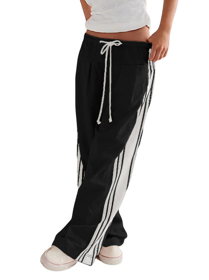 Women Y2k Track Pants Side Striped Wide Leg Baggy Pants Casual Drawstring Waist Parachute Sweatpants Streetwear