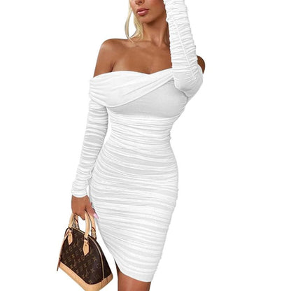 Women's Sexy Elegant Ruffle Long Sleeve Off Shoulder Ruched Party Mini Dress Fabric Formal Fabric Formal