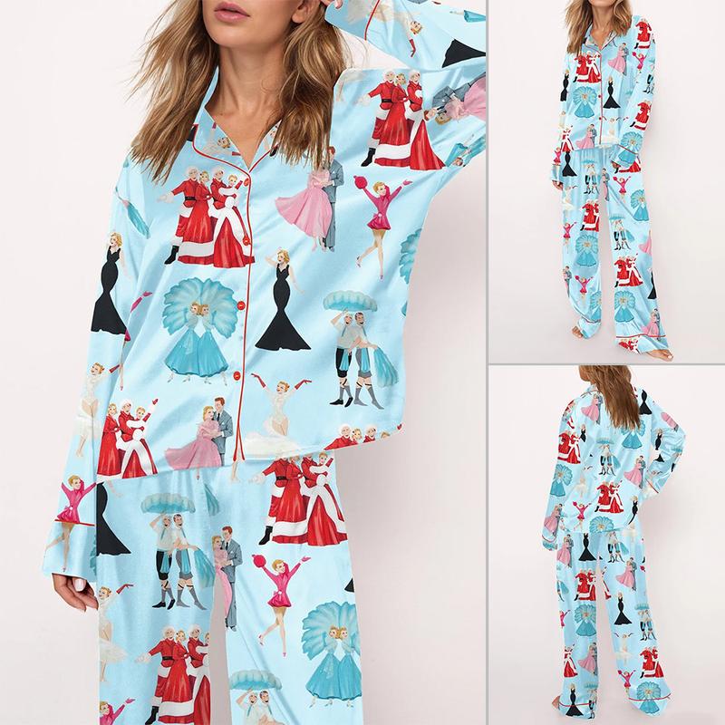 White Christmas Satin Pajama Set For Women Print Comfy Satin Sleepwear & Loungewear Pjs Printing Short Sleeve Top & Shorts - SHESHOW - Seldom Seen Styles
