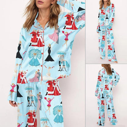 White Christmas Satin Pajama Set For Women Print Comfy Satin Sleepwear & Loungewear Pjs Printing Short Sleeve Top & Shorts - SHESHOW
