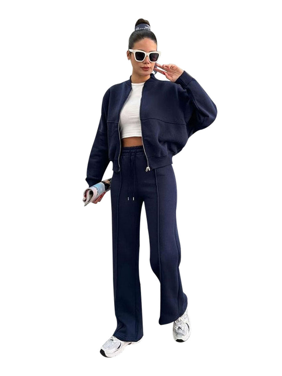 Women's Solid Zip Up Crop Jacket & Drawstring Waist Pants Two-piece Set, Casual Fashion Drop Shoulder Long Sleeve Top & High Waist Trousers Womenswear Suits for Outdoor Wear, Women's Clothing for Spring & Fall 90s Clothes - Seldom Seen Styles