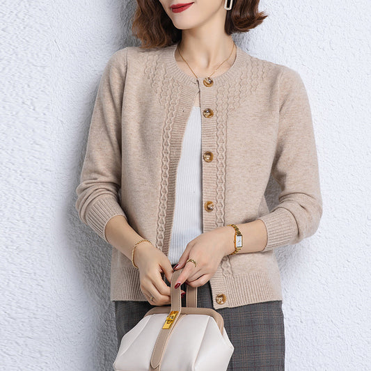 2024Autumn and Winter New round Neck Jacquard Solid Color Knitted Cardigan Simple Fashion Middle-Aged Mom Sweater Women's Coat