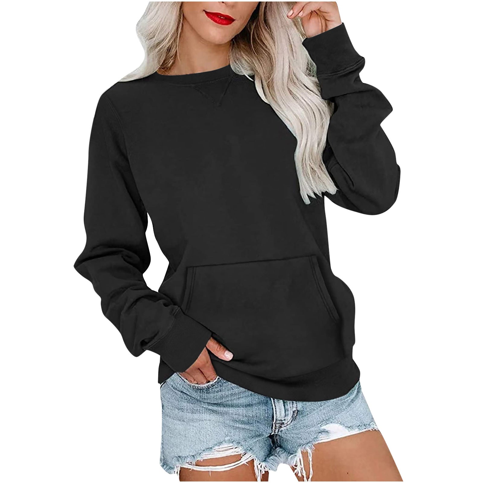 Women's Crewneck Hoodless Sweatshirt With Kangaroo Pocket Fleece Longsleeve Oversized Casual Style Shirt Lightweight Pullover - Seldom Seen Styles