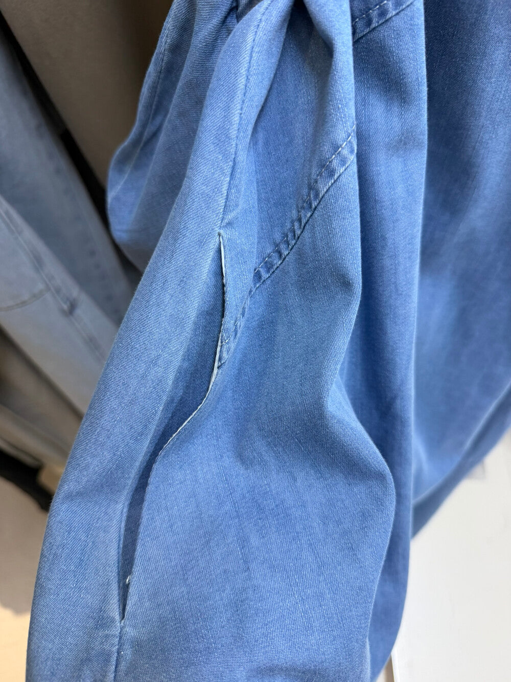 Women's Denim Sleeveless Diagonal Ruffle Trim A-Line Maxi Dress Drawstring Detail Light Blue Dark Navy One Size NNY with Free Bag - Seldom Seen Styles