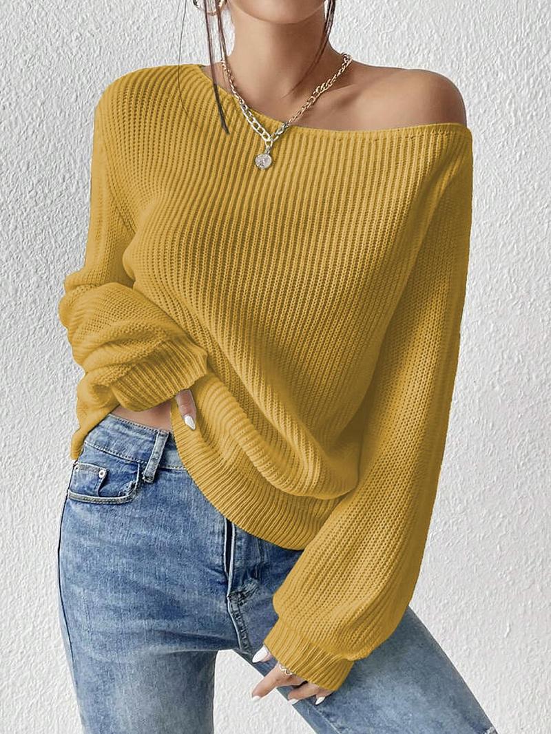 Women's Minimalist Solid Drop Shoulder Asymmetrical Neck Knit Top