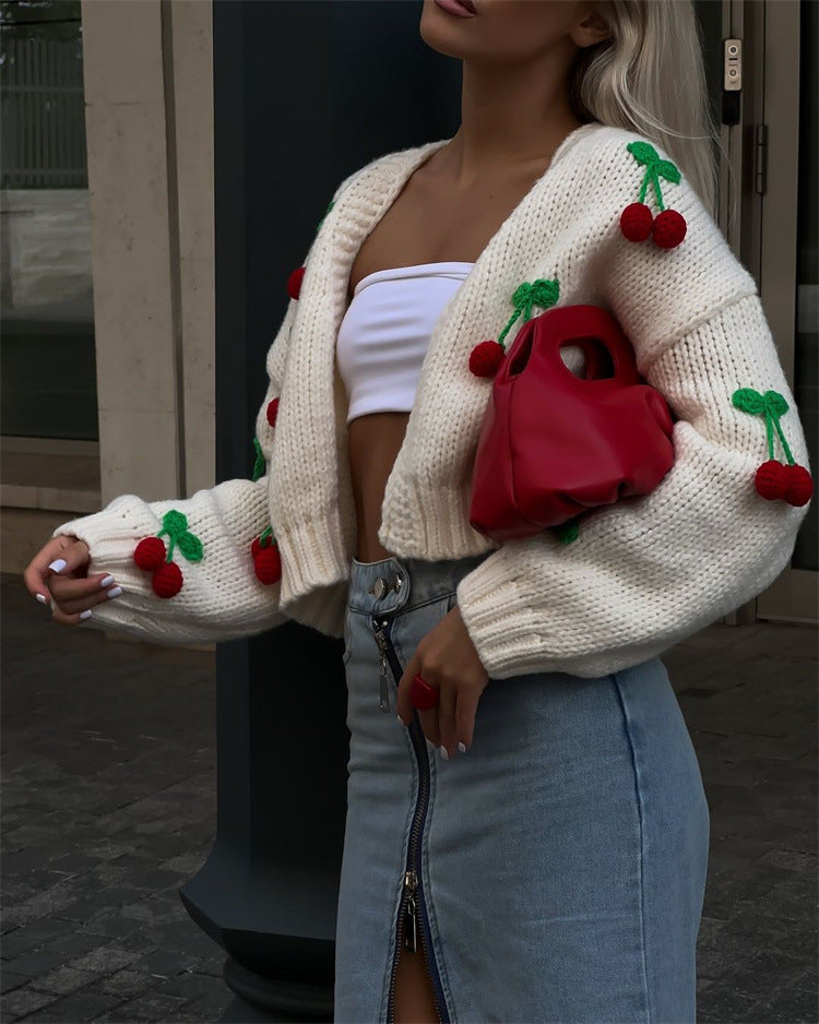 Cherry Ornaments Knitted Cardigan Europe and America Cross Border Long Sleeve Knitwear Casual 2024 Autumn and Winter Sweater Cardigan Coat