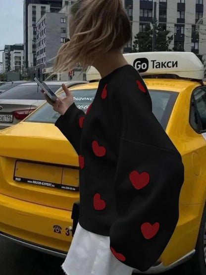Women's Spring Heart Print Long Sleeve Crewneck Knitting Jumper, Comfort Round Neck Sweater for Daily Streetwear,  Tiktop Shop, Lady's Top for Spring