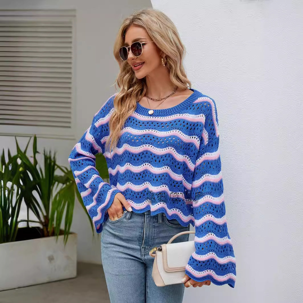 Spring and Autumn Women's Clothing Amazon Cross-Border Foreign Trade Fashion Long Sleeve Blouse round Neck European and American New Knitted Striped Sweater for Women