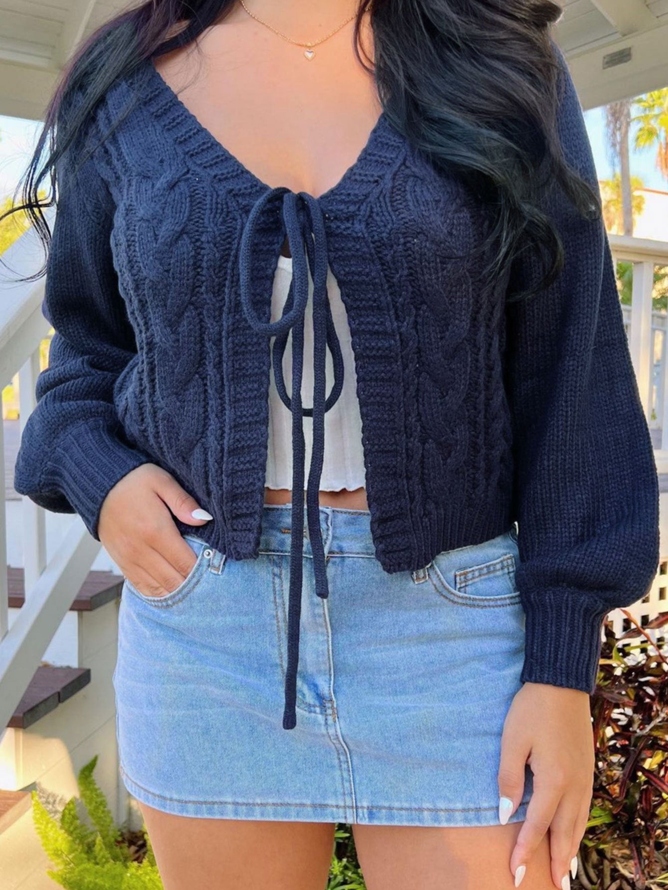 Women's Solid Drop Shoulder Tie Front Blue Cardigan,Comfort Basic Minimalist Fashion Casual Long Sleeve V Neck Knitwear for Fall & Winter, Lady Knitting Fabric Tops,Women Clothing for Daily Outdoor Wear, Womenswear - Seldom Seen Styles